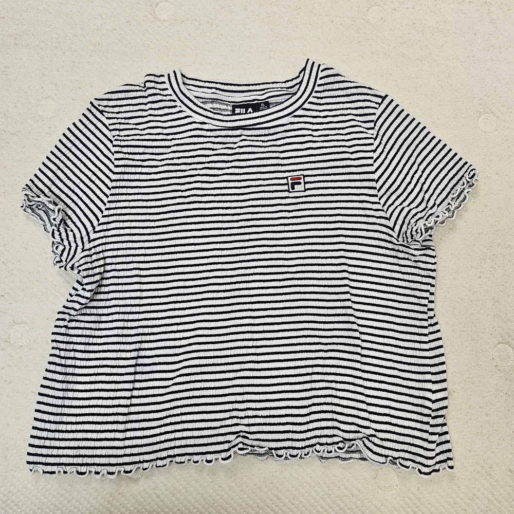 Fila Women's Black and White Striped Smocked Crop Top in XL